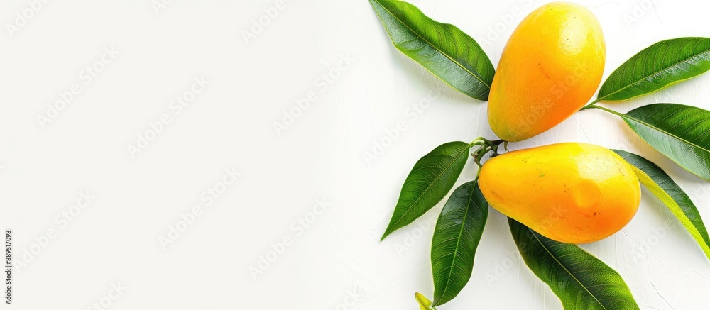 Poster fresh mango and green leaves stand alone on a white background with a clipping path, leaving space f