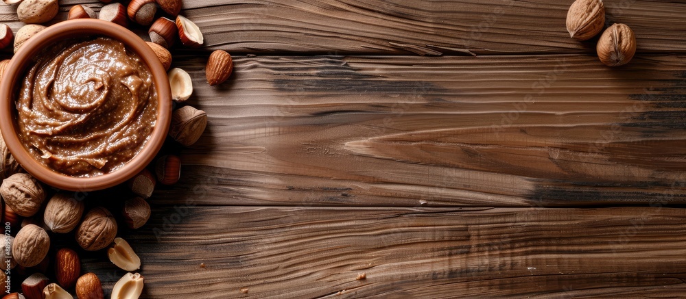 Poster hazelnut butter and nuts displayed on a wooden surface with copy space image.