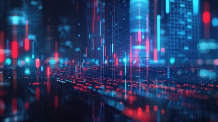 Fototapeta premium View of stock market expansion, business investment, and data analysis concept featuring digital financial charts, graphs, and indicators against a dark blue blurred background
