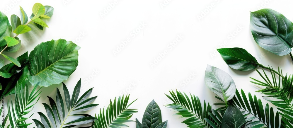 Poster minimal exotic concept featuring leaves on a white background with copy space image for a stylish bo