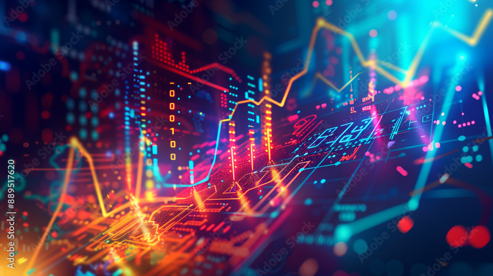 Poster a dynamic illustration of big data visualization with charts, graphs, and data points glowing in neo