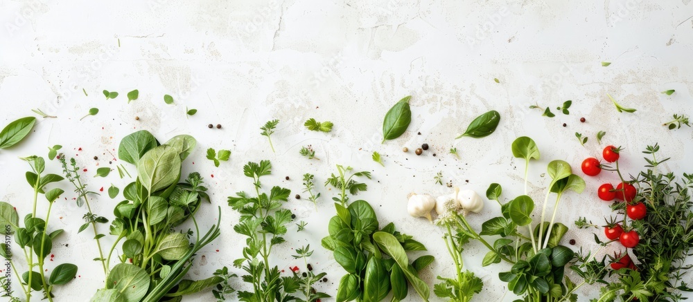 Poster fresh herbs and vegetables arranged on a light background with copy space image.