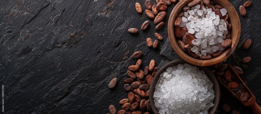 Poster sea salt mixed with cocoa beans, placed on a dark stone surface with abundant space for text or imag