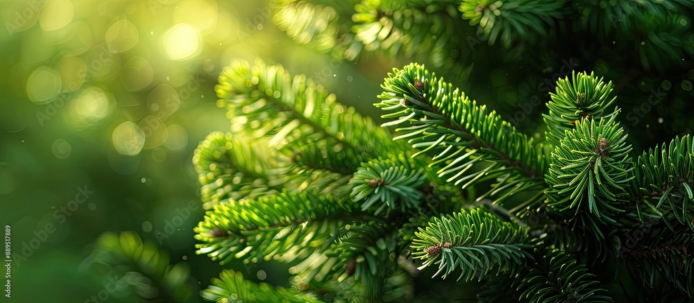 Poster studio photo of a green spruce branch with pine trees in the background, ideal for text with copy sp