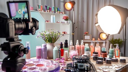 A professional studio with a camera capturing beauty products arranged in a balanced composition