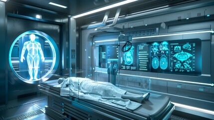 Futuristic medical scanner displaying patient data