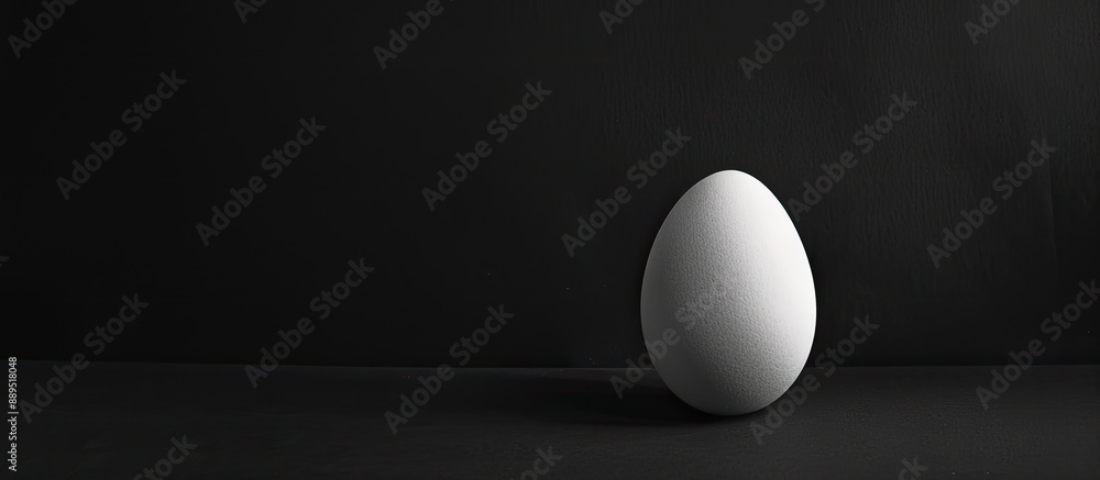 Poster minimalistic design with a white egg against a black background, ideal for visual art with copy spac