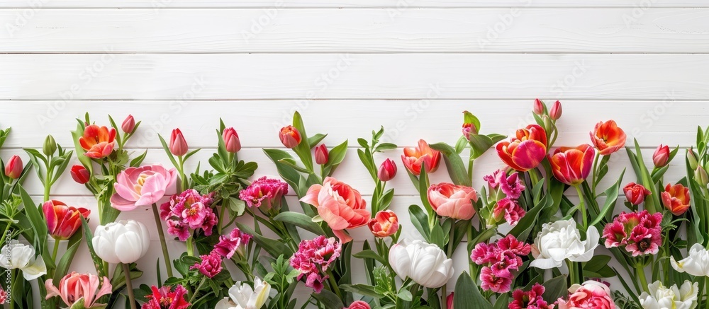 Poster flowers in a lovely display against a white wooden backdrop with space for text or graphics in the i