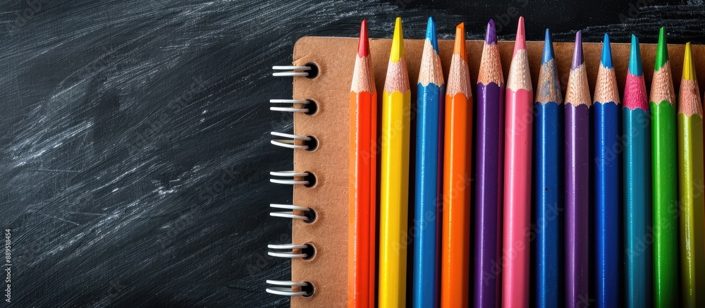 Poster vibrant colored pencils and a notebook displayed against a blackboard with ample copy space image.