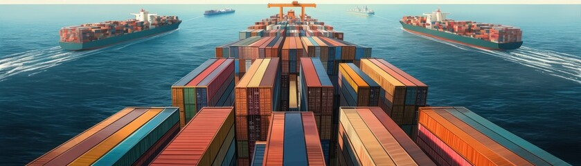 Fototapeta premium Aerial view of container ships loaded with colorful shipping containers navigating through the ocean, symbolizing global trade and logistics.