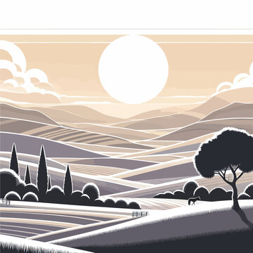  vector of landscape with rolling hill and trees  mountains and clouds