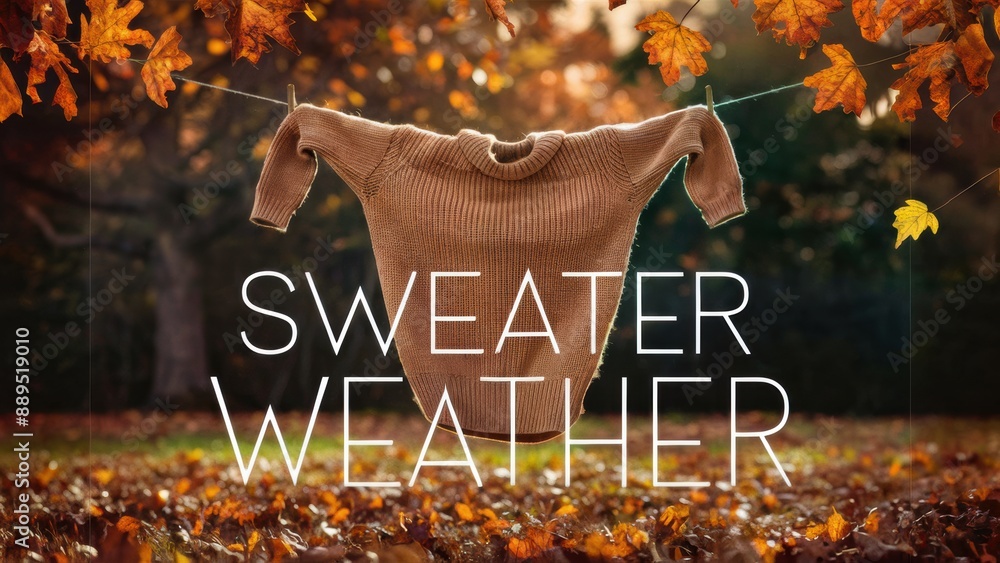 Poster A sweater weather text over sweater hanging on a clothesline in front of leaves, AI