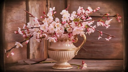 Vintage vase with cherry flowers on old wooden background