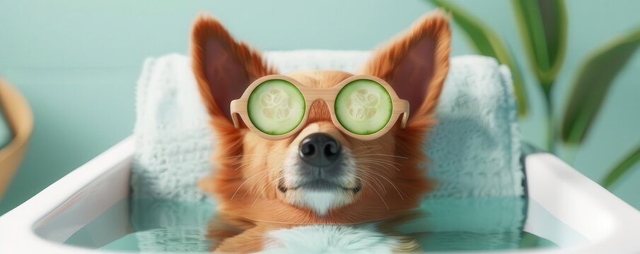 Dog relaxing in a spa with cucumber slices on its eyes.