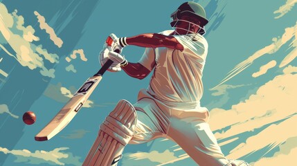 Illustration of Cricket batsman hitting a ball, focused stance, action shot, cricket ground