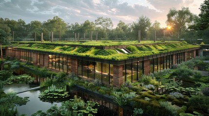 Fototapeta premium A factory integrated with a green roof, supporting biodiversity and reducing urban heat island effects.