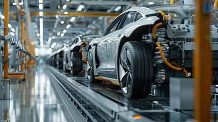 Fototapeta premium Workers assembling electric vehicles in a factory powered by renewable energy sources.