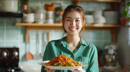 Young beautiful girl holding a plate of pasta while standing in the kitchen at home.