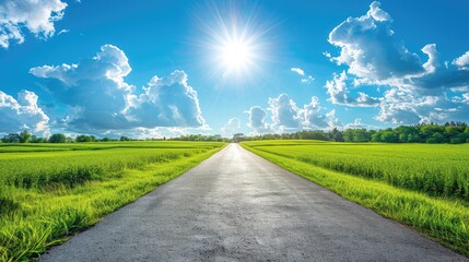 A bright, clear photograph of a long, straight road stretching into the horizon with vibrant green fields on either side and a blue sky filled with fluffy white clouds.