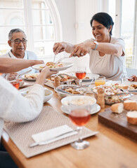 Family, house and dining table for happy meal, social gathering and brunch sharing lunch or grandparents. People, love and woman serving or gourmet nutrition, apartment and together with healthy dish