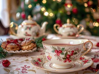 Fototapeta premium Christmas-themed tea party, delicate porcelain teacups, festive tablecloth, holiday pastries, cozy room with a decorated tree, warm atmosphere
