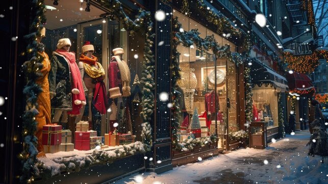 Christmas-themed window display in a boutique, stylish mannequins, festive decorations, and twinkling lights, snowy street outside - Powered by Adobe