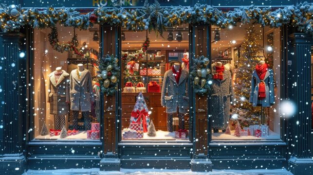 Christmas-themed window display in a boutique, stylish mannequins, festive decorations, and twinkling lights, snowy street outside