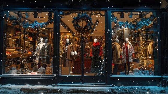 Christmas-themed window display in a boutique, stylish mannequins, festive decorations, and twinkling lights, snowy street outside