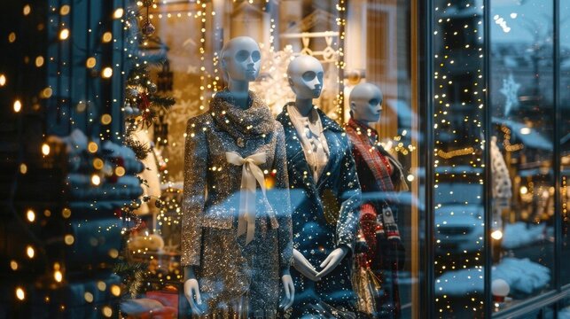 Christmas-themed window display in a boutique, stylish mannequins, festive decorations, and twinkling lights, snowy street outside