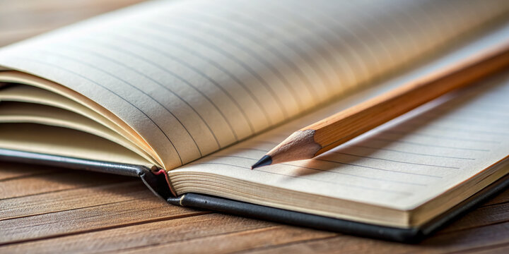 Close-up of a worn, open notebook with a sharpened pencil lying across its pages, awaiting thoughts and plans in a busy entrepreneur's daily journal.