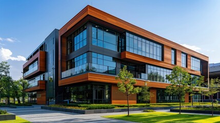 Obraz premium A modern office building within an industrial complex, featuring energy-efficient design and green construction materials.