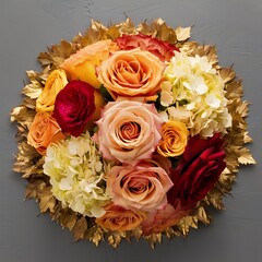 Autumn creative composition roses hydrangea flowers on gray background fall autumn background flat lay top view