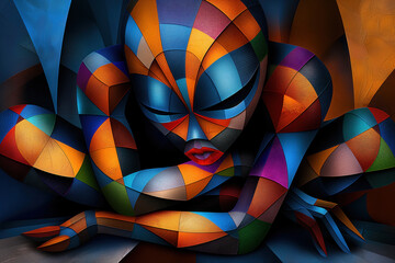 Obraz premium The Intricate Web of Identity. An intricate portrayal of a human spider figure in vibrant, geometric patterns, capturing the essence of Micro Cubism.