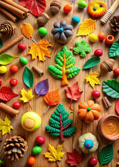top view of autumn plasticine crafts, handmade, fall, yellow leaves, children's creativity, school handicraft lesson, kindergarten, table, wooden, tree, September, October, clay, nature, materials
