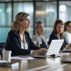 Obraz premium A group of female executives in a meeting room, focused on a presentation. 