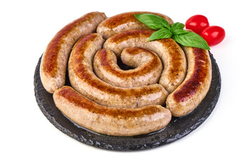 Grilled German Pork Sausages, munich sausage, isolated on white background.