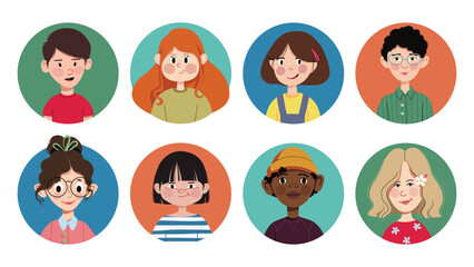 Cute children avatars, head portrait set. smiling kids. Diverse school child characters, excited joyful boys and girls of different race. Flat vector illustration isolated on white background.