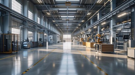 A factory floor equipped with energy-efficient lighting and climate control systems, emphasizing sustainability.