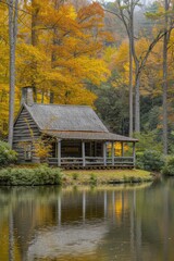 A small cabin is sitting on a lake surrounded by trees