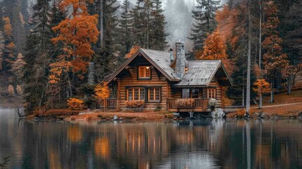 Obraz premium A small log cabin with a porch sits on a lake