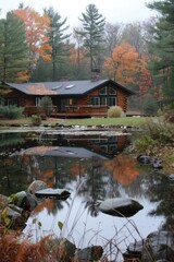 Obraz premium A house with a large yard and a pond in front of it