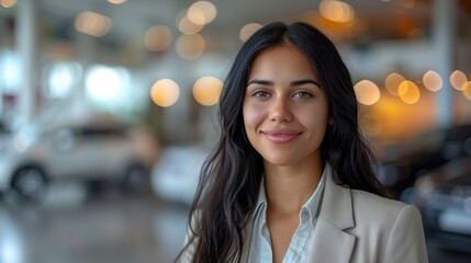 Obraz premium Close-up portrait of a young Hispanic woman in a car dealership, presenting a professional and welcoming demeanor with blurred showroom cars in the background.