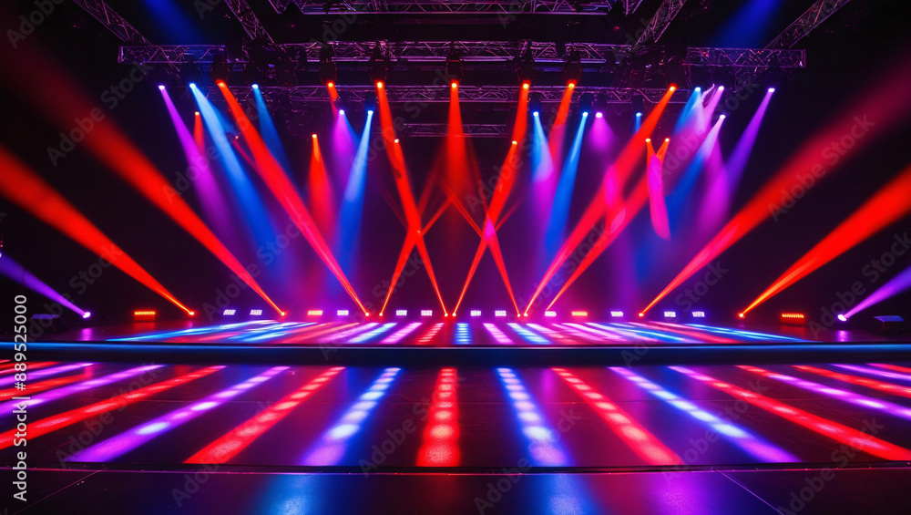 Poster banner background of an empty stage with colorful spotlights and copy space