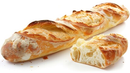 A perfectly baked baguette, golden and crusty, broken open to show the soft inside, isolated on a white background. 