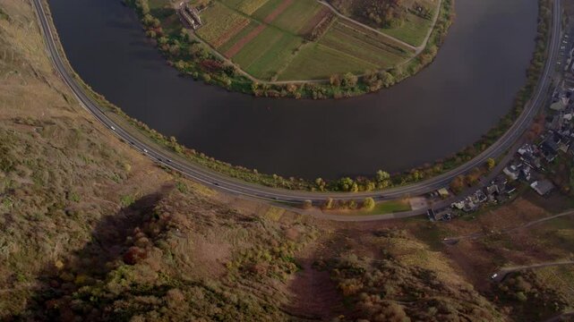 Aerial view of winding river with hills and town along Moezel River, Bremm, Rhineland-Palatinate, Germany.