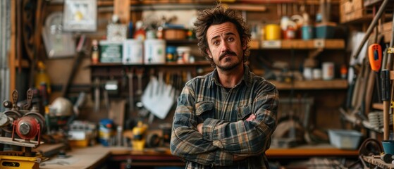 Obraz premium Confused Man in a Workshop Holding Tool - Concept of DIY, Handyman, Home Improvement