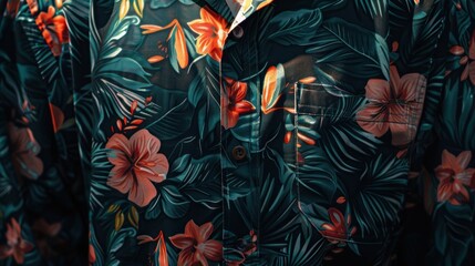 A man is wearing a floral shirt with a green background. The shirt is full of flowers and leaves, and the man is standing in the sun