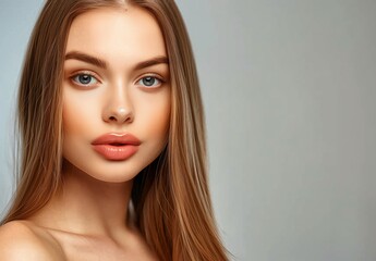 Fototapeta premium The portrait beautifully captures the essence of a young woman with flawless skin and elegant, long brown hair emanating confidence, beauty, and grace, exhibiting charm and sophistication