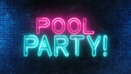 Pool Party text font with neon light. Luminous and shimmering haze inside the letters of the text Pool Party. Pool Party neon sign. 