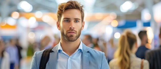 Confused Man at Job Fair Trying to Navigate Through Company Booths and Representatives